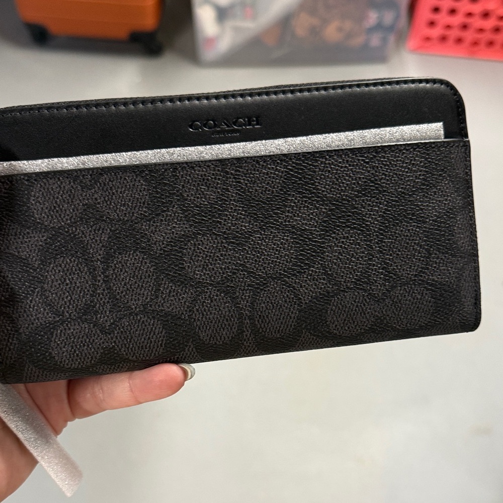 Coach Black Signature Continental Wallet with Silver Accent